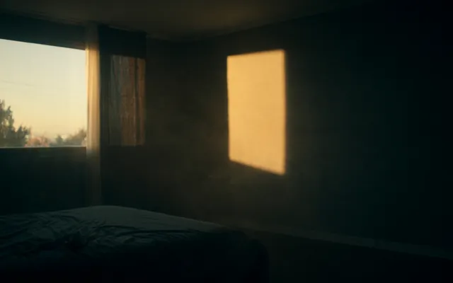 Prima luce dell alba che entra in una camera dalla tenda